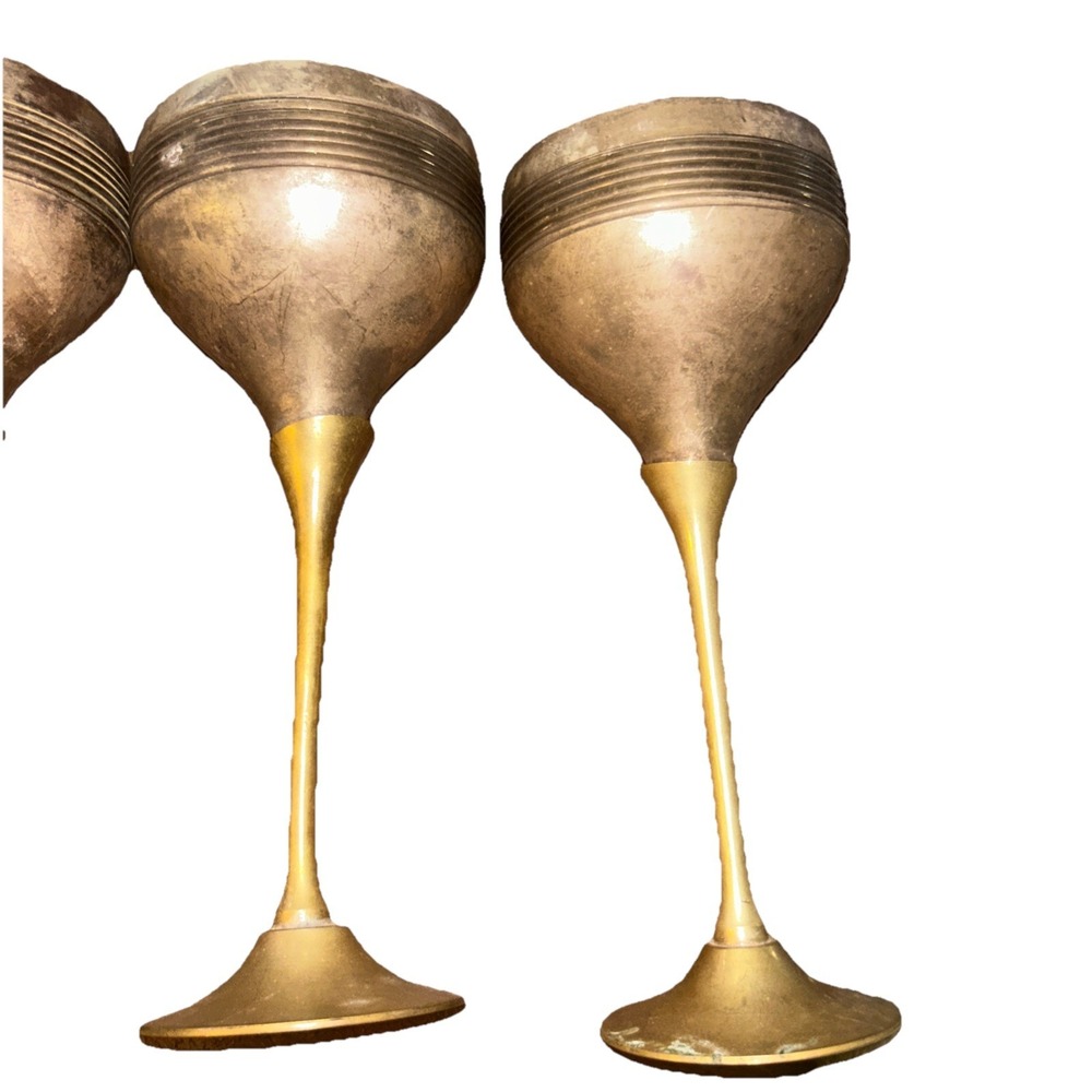 Vintage Brass & Silverplate Wine Glasses Goblets Chalice Cups - Set of 3 India